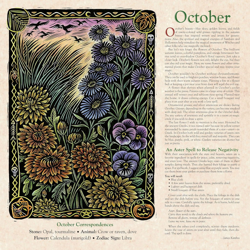 An illustrated vintage-style October calendar page with a large floral border in purple, blue, yellow, orange, and green, alongside printed text titled 'October' and 'October Correspondences.'.