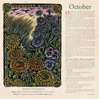An illustrated vintage-style October calendar page with a large floral border in purple, blue, yellow, orange, and green, alongside printed text titled 'October' and 'October Correspondences.'.