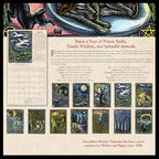 Llewellyn's Witches Calendar cover page for April, featuring a black and gold illustration of a witch on a horse at the top, a monthly calendar grid on the left, a central text column with spell and artwork details, and multiple small illustrated cards along the bottom.