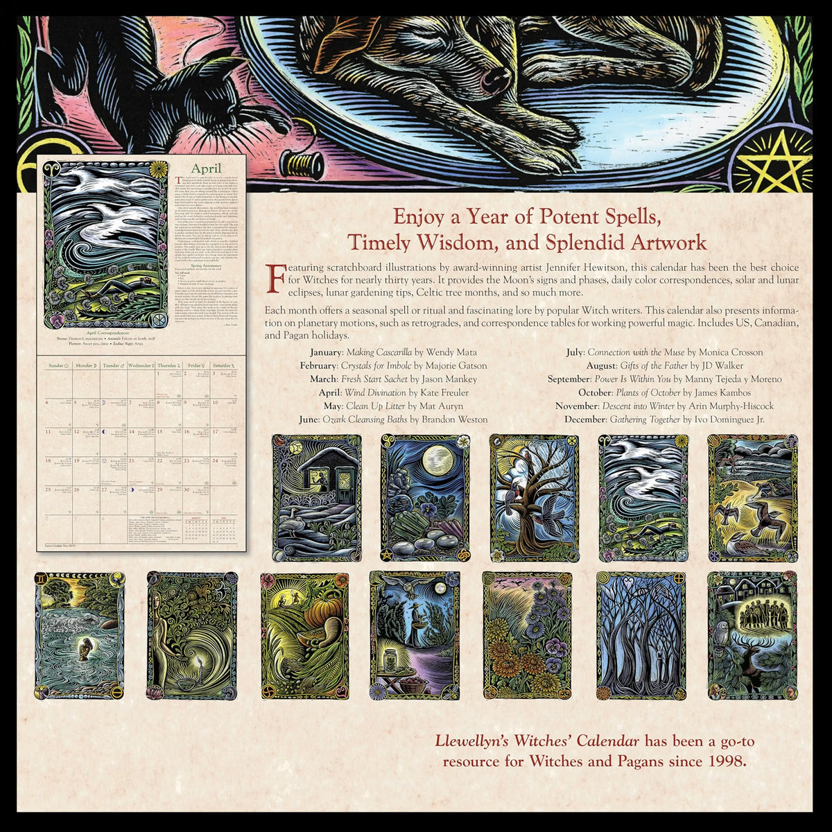 Llewellyn's Witches Calendar cover page for April, featuring a black and gold illustration of a witch on a horse at the top, a monthly calendar grid on the left, a central text column with spell and artwork details, and multiple small illustrated cards along the bottom.
