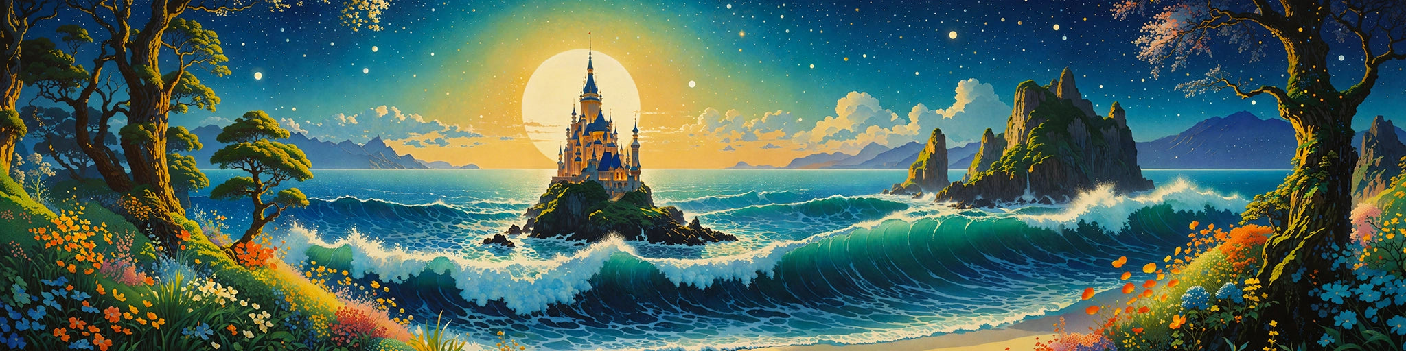 A painting of a castle on a island near a beach at sunset.