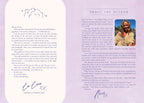 Book page with author's information and signature on a light purple background