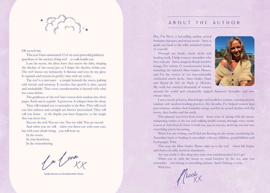 Book page with author's information and signature on a light purple background