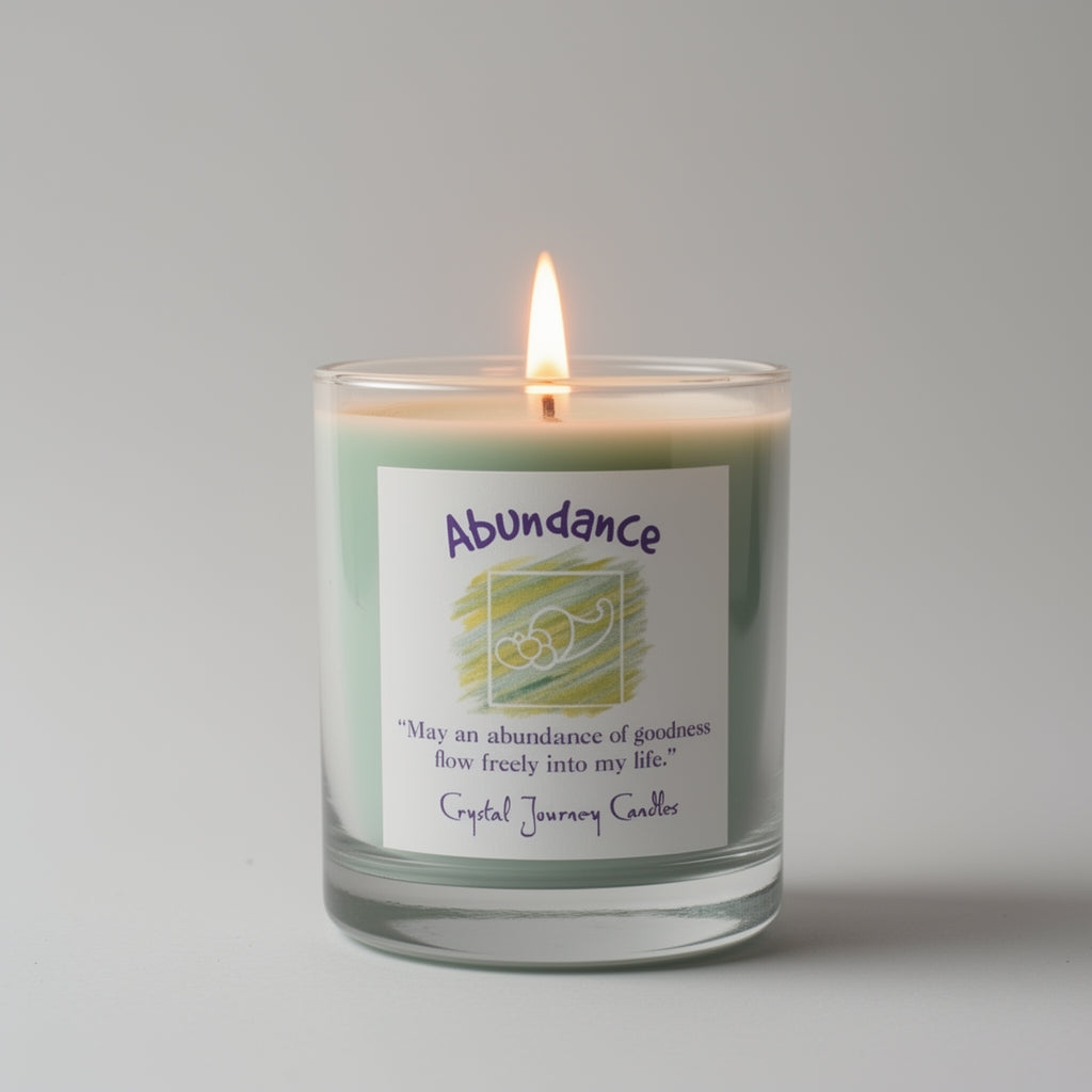 Candle in a glass jar labeled 'Abundance' with a flame on a gray background