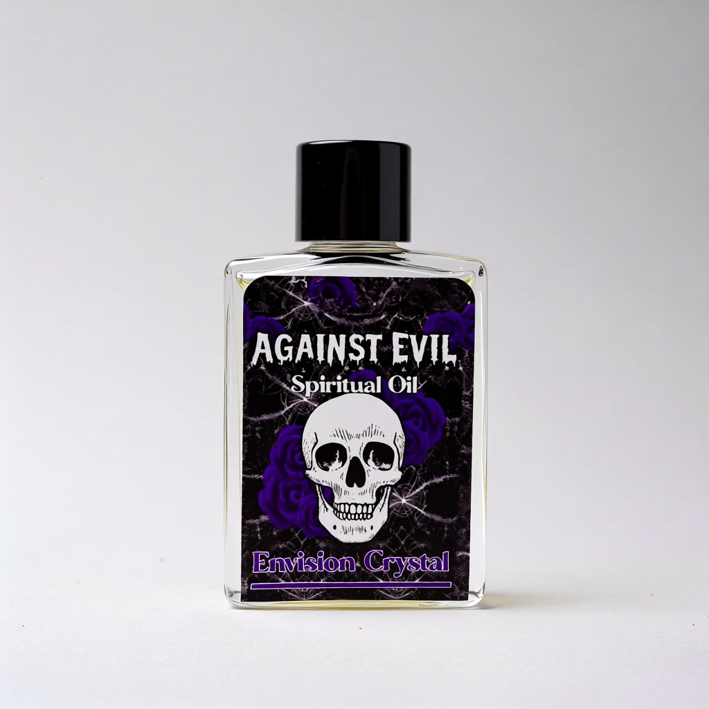 Bottle of 'Against Evil' spiritual oil with a skull design on a white background