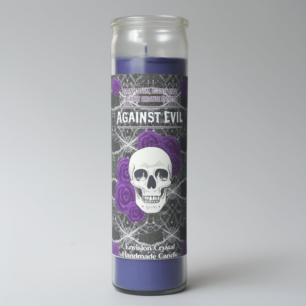 Candle with skull and purple roses design on a gray background