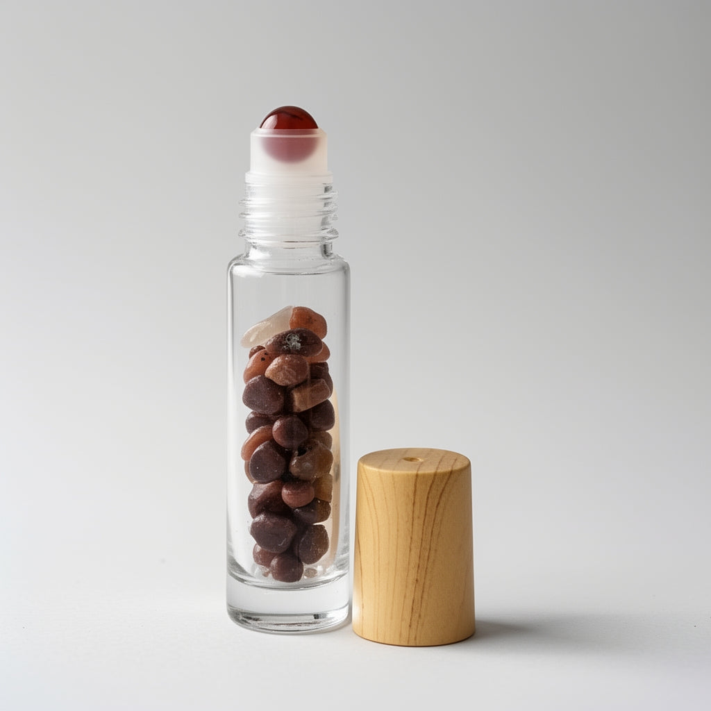 Glass roller bottle with wooden cap and cherry-like stones on a light gray background