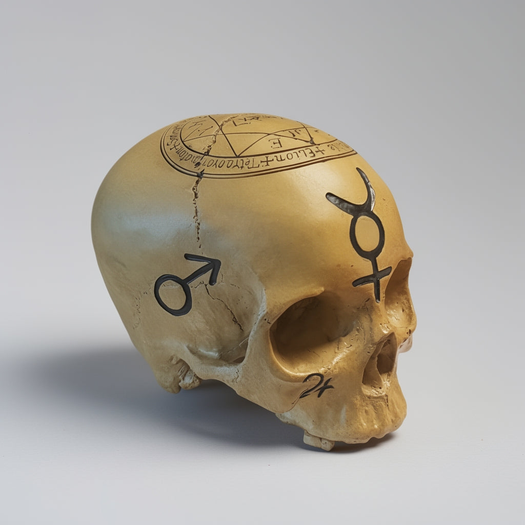 Skull with astrological symbols on a gray background