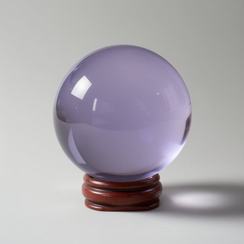 Purple crystal ball on a wooden stand against a gray background