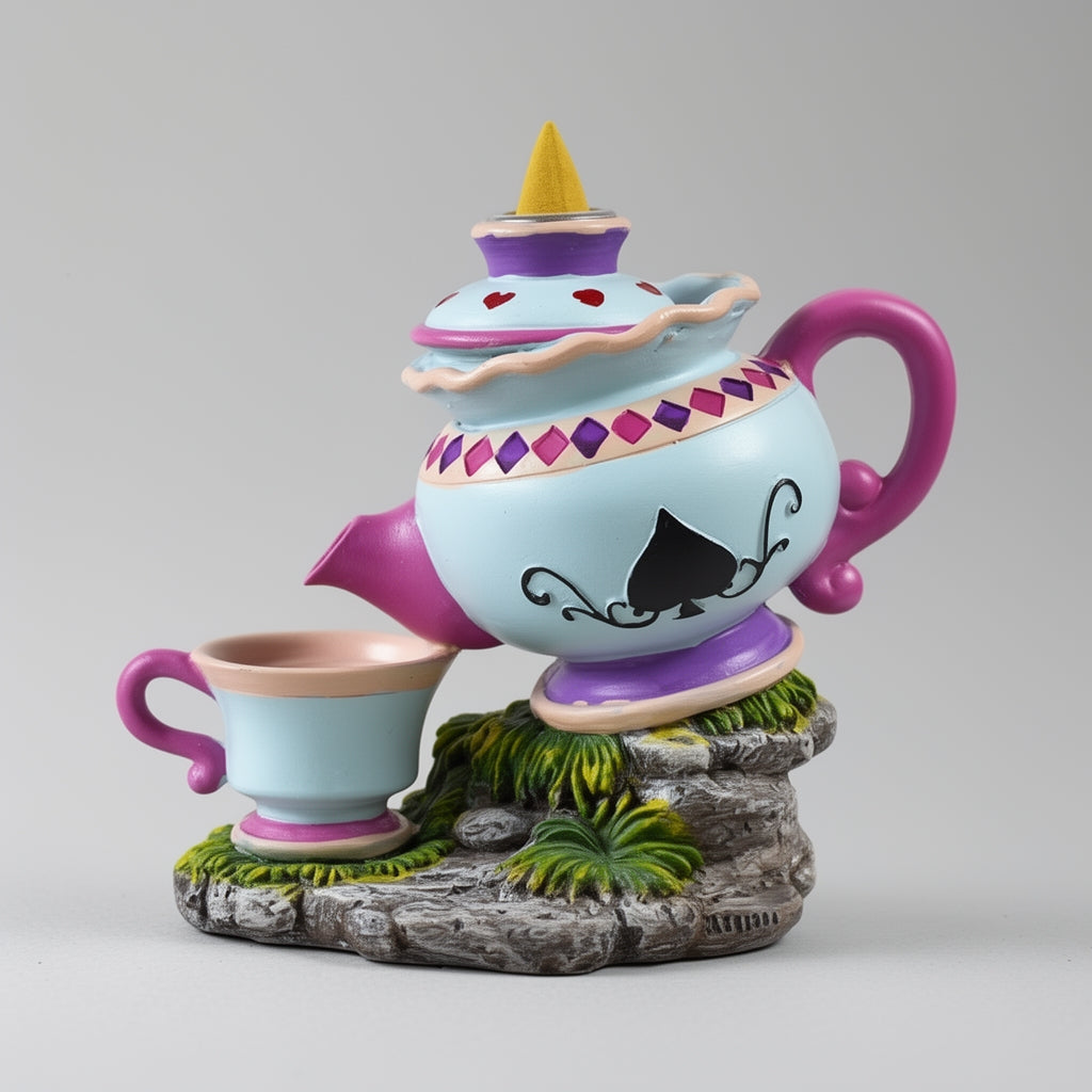 Colorful teapot and cup set with decorative elements on a gray background