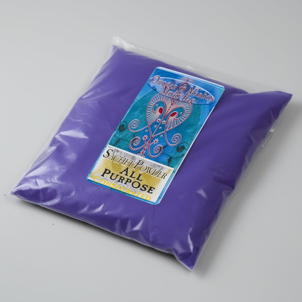 Purple packet of all-purpose starch powder with a colorful label on a gray background