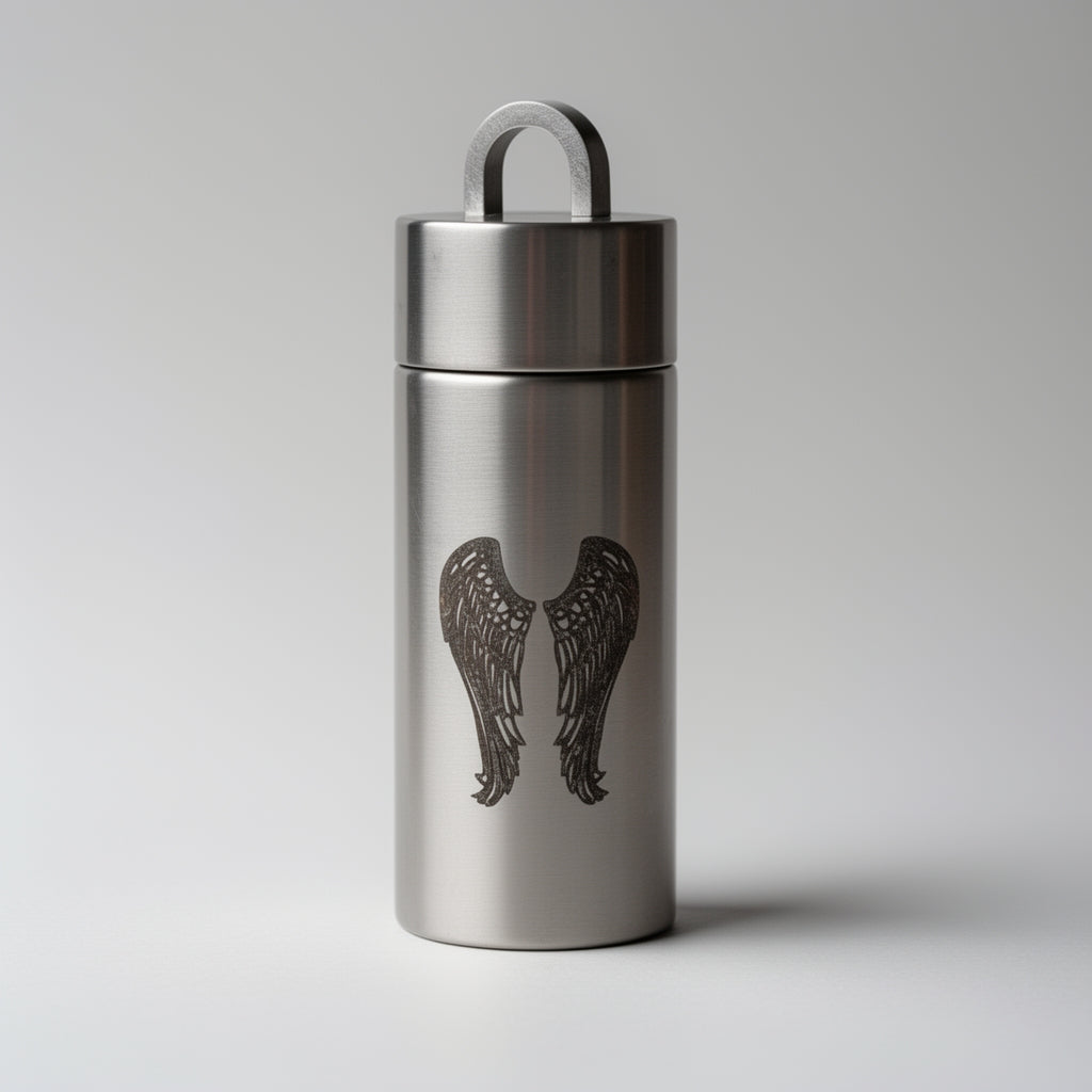 Stainless steel chamber with angel wings engraving on a gray background
