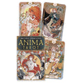 Anima Tarot deck displayed with four illustrated cards and the box cover on a plain white background. The box reads 'Anima Tarot' and shows four card backs with ornate Art Nouveau-style artwork in red, gold, blue, beige, and black tones.