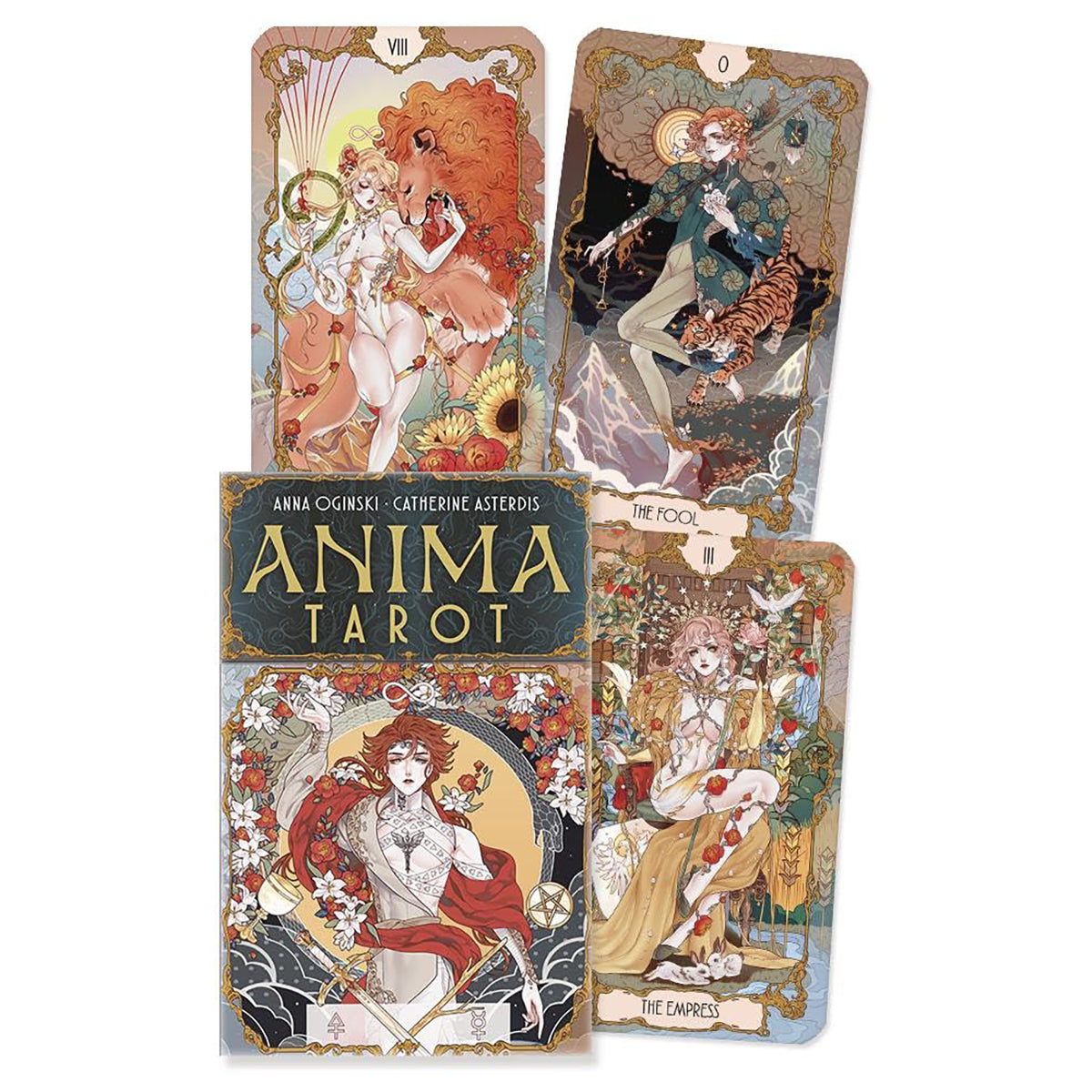 Anima Tarot deck displayed with four illustrated cards and the box cover on a plain white background. The box reads 'Anima Tarot' and shows four card backs with ornate Art Nouveau-style artwork in red, gold, blue, beige, and black tones.