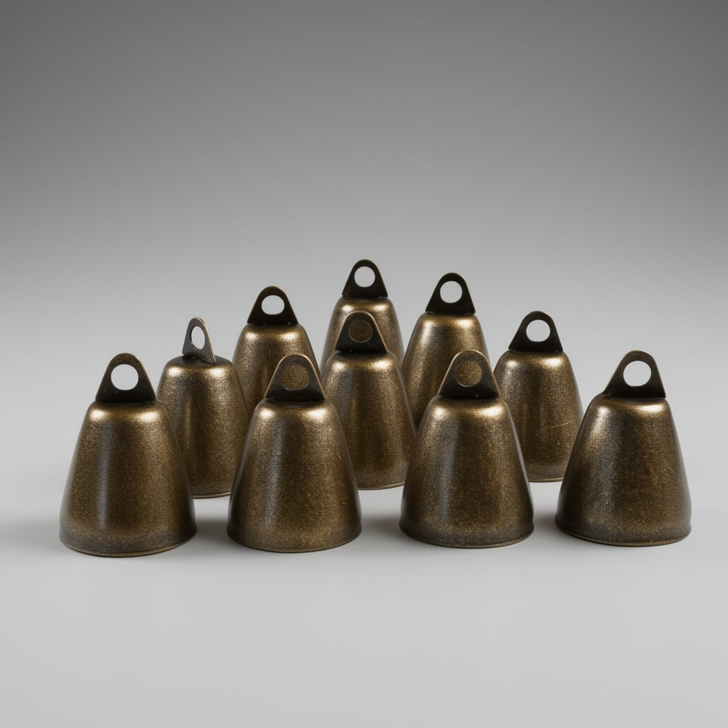 Bronze colored bells arranged on a gray background