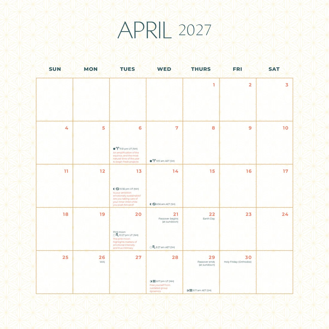 A minimalist April 2027 calendar page with a cream background, thin peach grid lines, and dark teal text reading 'APRIL 2027' at the top. Small red dates and black event text are printed inside the grid.