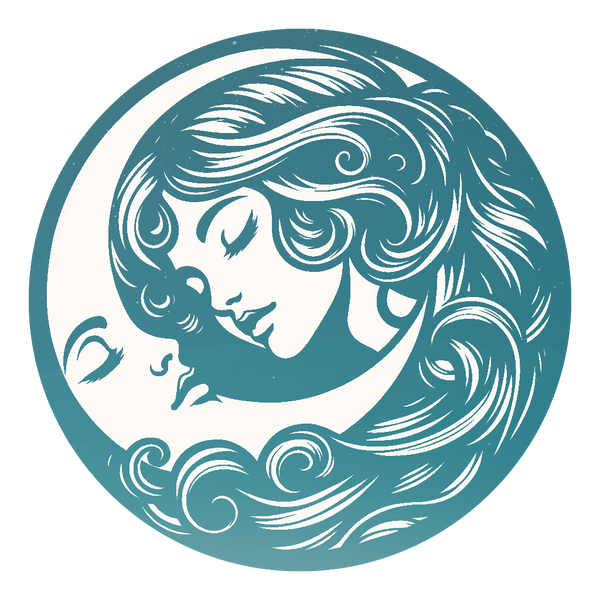 A Graceful woman with a peaceful visage leans her head near a crescent moon, embodying tranquility