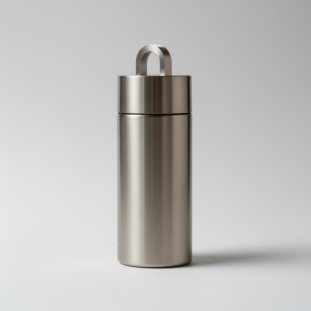 Stainless steel container with a lid on a light gray background