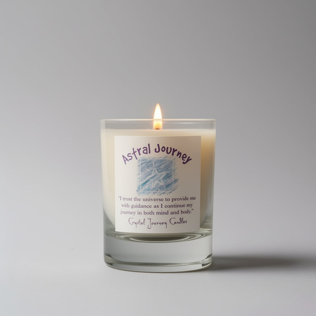 Candle with a label reading 'Astral Journey" on a gray background