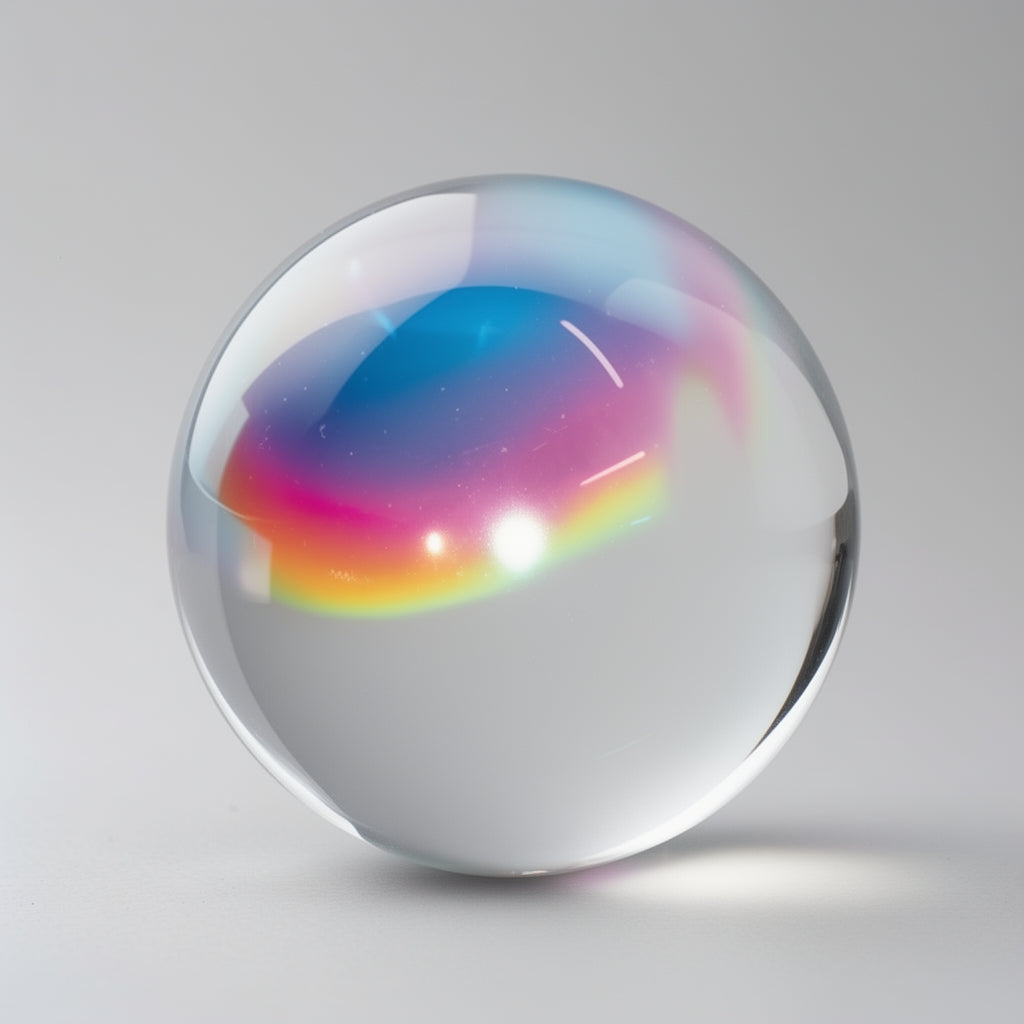 Clear crystal ball with rainbow reflection on a gray background