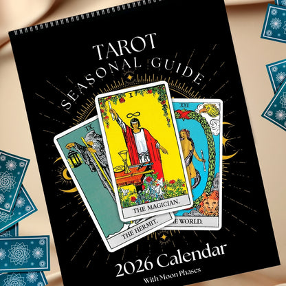 Illustrated cover of the 2026 Tarot Calendar featuring multicolor floral and geometric designs.