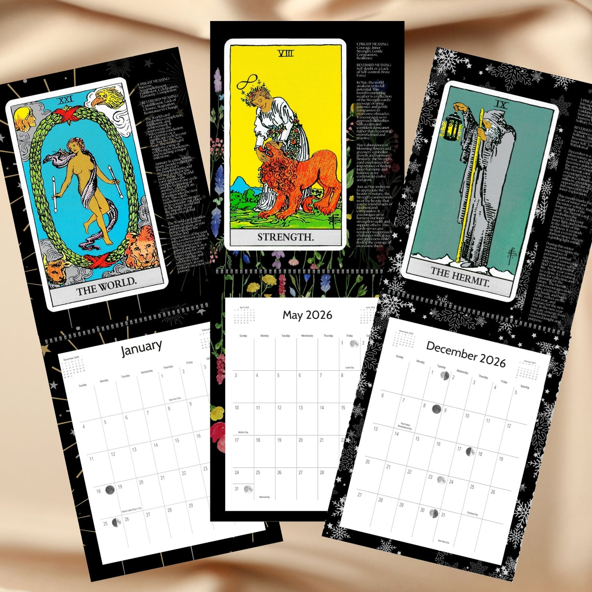 Three calendar pages showing tarot cards “The World,” “Strength,” and “The Hermit” above monthly grids.