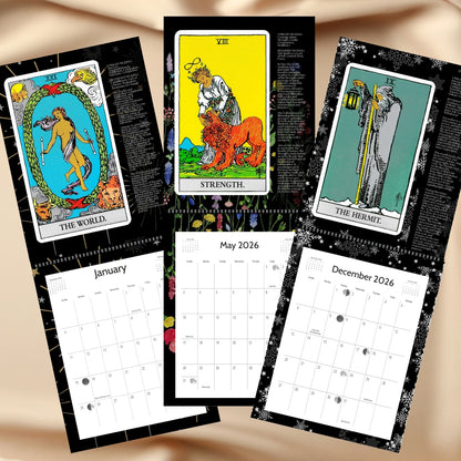 Three calendar pages showing tarot cards “The World,” “Strength,” and “The Hermit” above monthly grids.