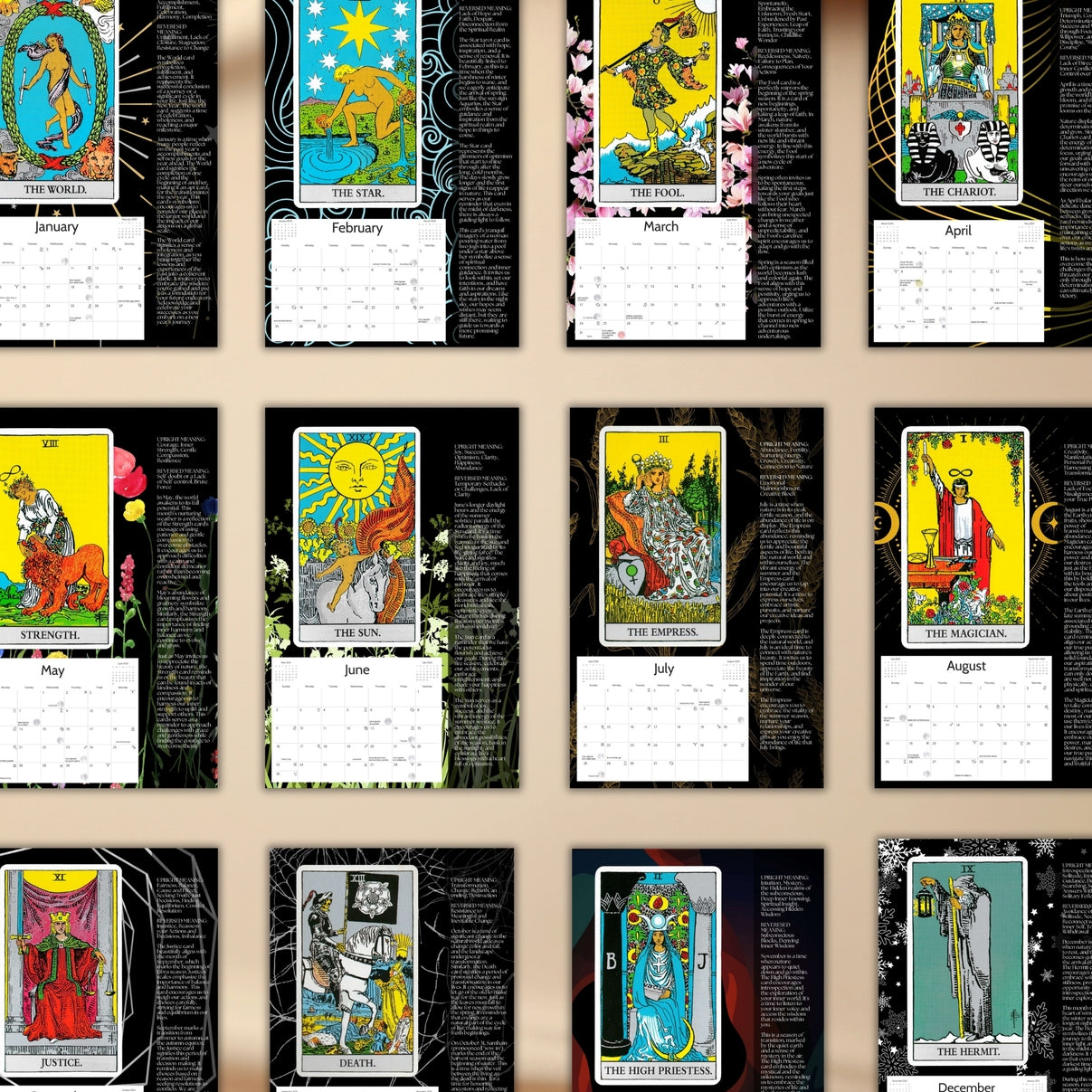 Twelve-month wall calendar featuring tarot cards from “The World” to “The Hermit,” each paired with a monthly grid.