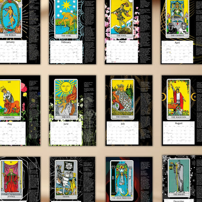 Twelve-month wall calendar featuring tarot cards from “The World” to “The Hermit,” each paired with a monthly grid.