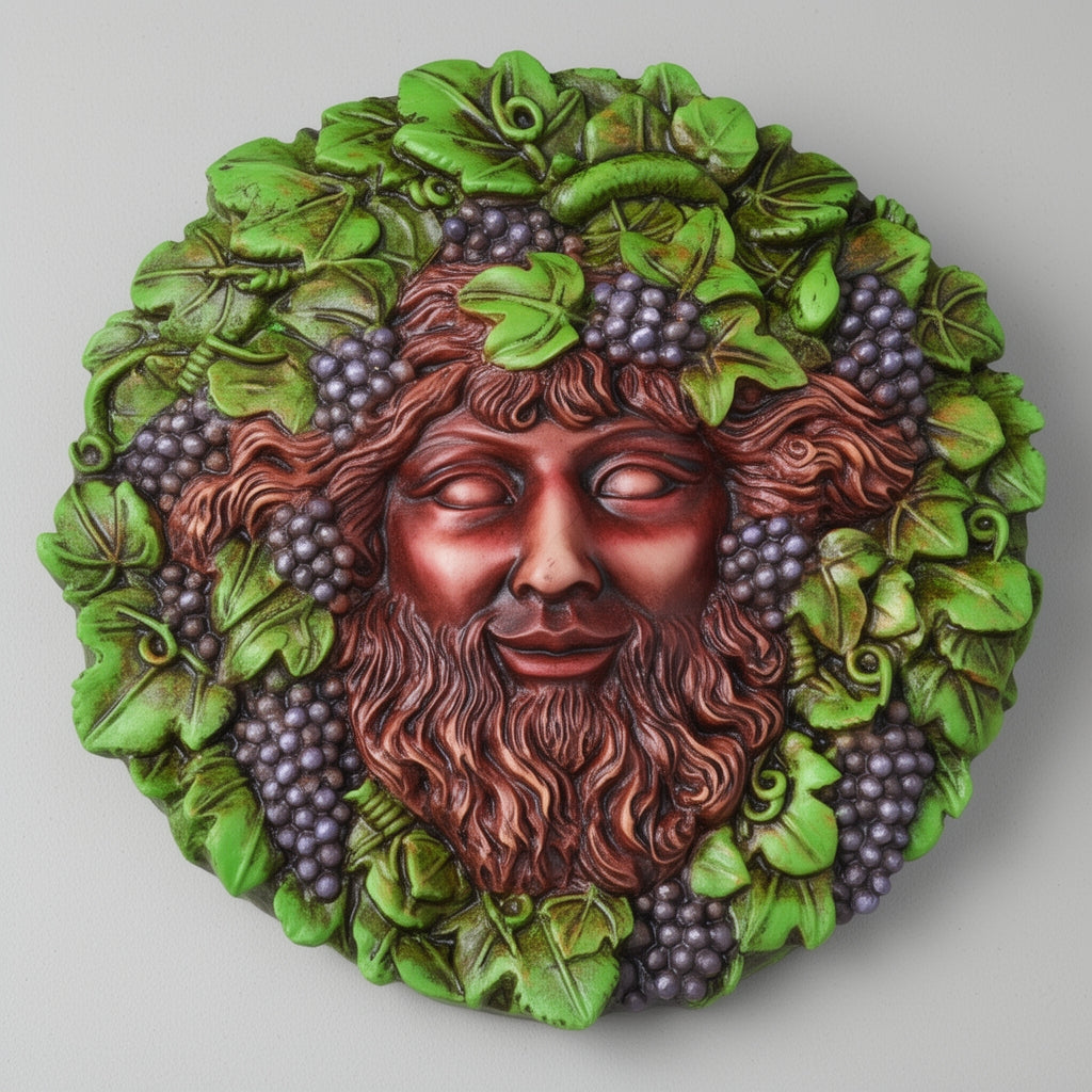 Decorative wall piece with a face surrounded by green leaves and purple grapes on a gray background