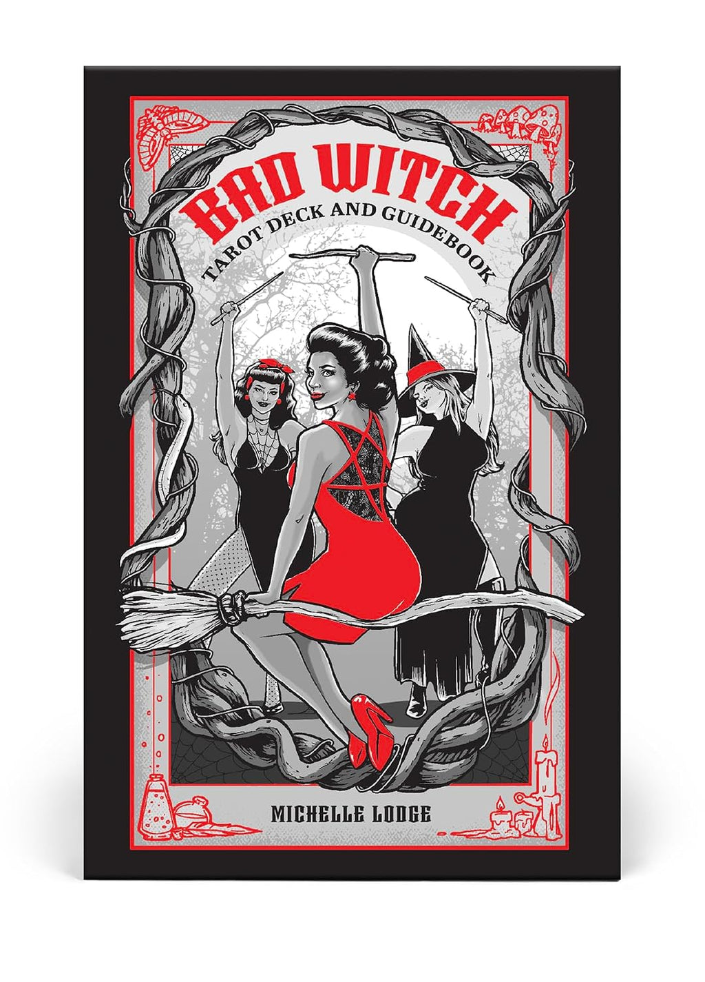 Bad Witch Tarot Deck and Guidebook cover with a woman on a broomstick and red accents.