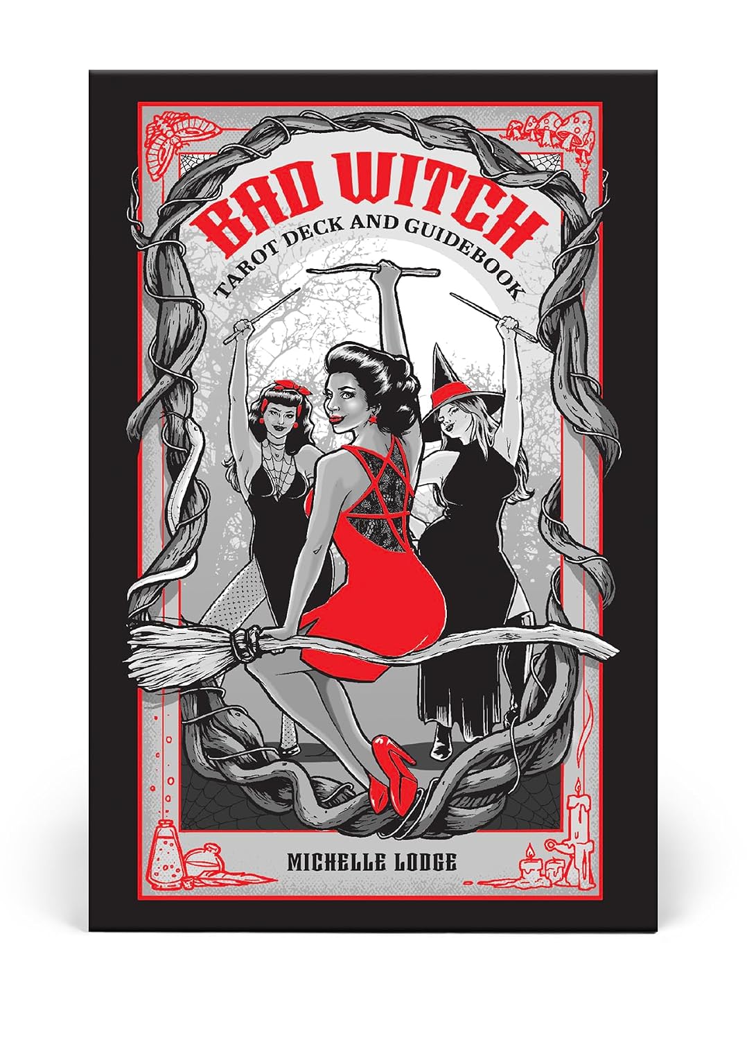 Bad Witch Tarot Deck and Guidebook cover with a woman on a broomstick and red accents.