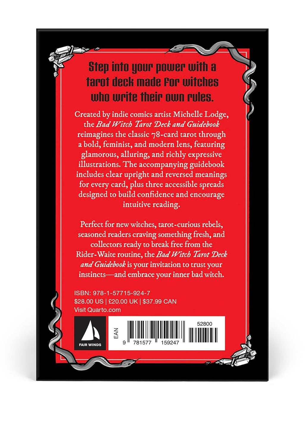 The back cover of the 'Bad Witch Tarot Deck and Guidebook' by For Whom the Bell Tolls, featuring a bold red background with black text, a black border, and silver decorative accents.