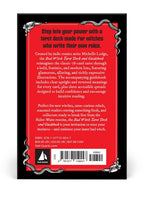 The back cover of the 'Bad Witch Tarot Deck and Guidebook' by For Whom the Bell Tolls, featuring a bold red background with black text, a black border, and silver decorative accents.
