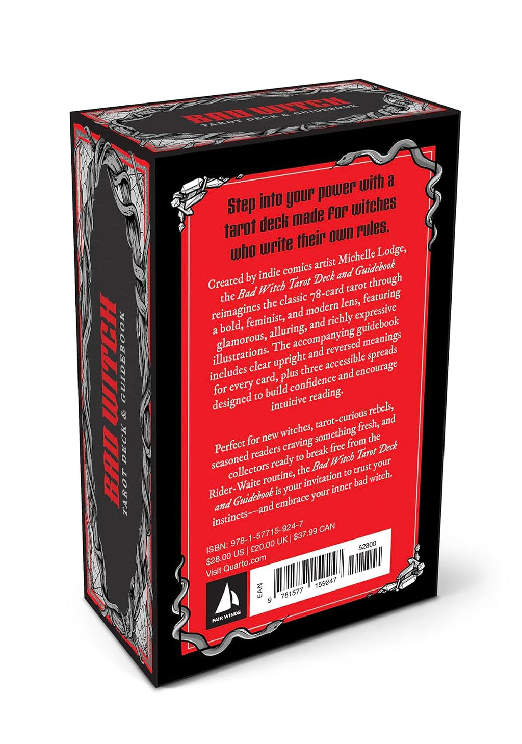 The back of a boxed card deck package shown at a three-quarter angle on a plain white background. The box is predominantly black with a large red back panel and silver gothic-style border graphics.