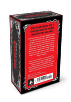 The back of a boxed card deck package shown at a three-quarter angle on a plain white background. The box is predominantly black with a large red back panel and silver gothic-style border graphics.