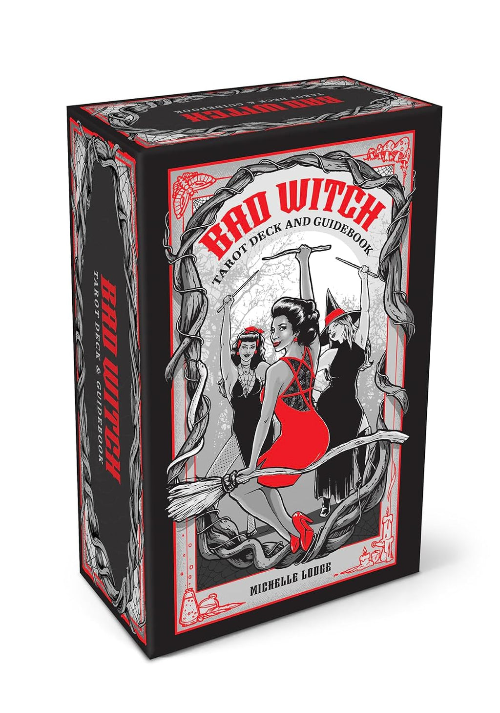 The tarot deck and guidebook box for 'Bad Witch' by Michelle Lodge, featuring a vintage-style illustration of a witch riding a broomstick with a scythe and a cat, in black, red, and white.