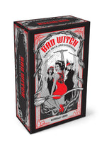 The tarot deck and guidebook box for 'Bad Witch' by Michelle Lodge, featuring a vintage-style illustration of a witch riding a broomstick with a scythe and a cat, in black, red, and white.