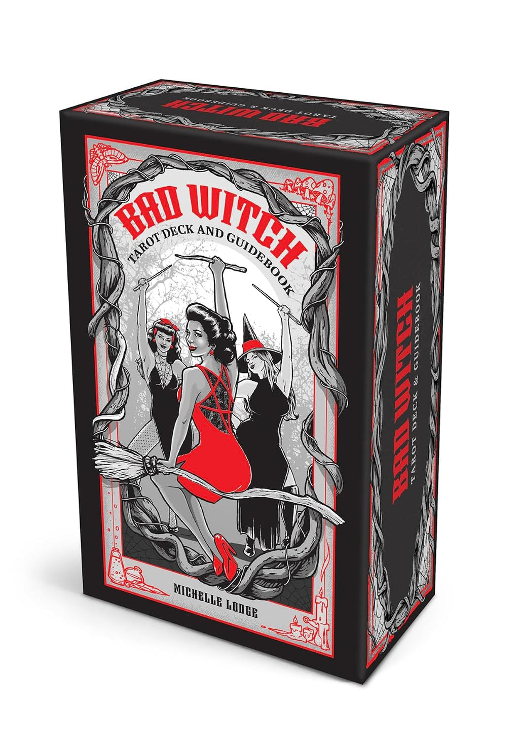 A boxed card game product labeled 'BAD WITCH PARTY DECK AND GADGETS' by Michelle LaBrie, shown as a black retail box with red and white illustrated artwork on a white background.