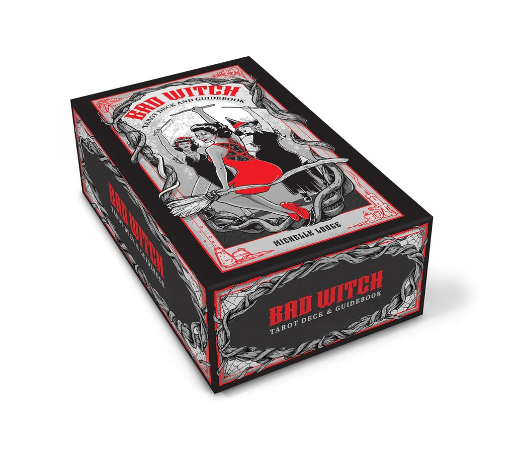 A boxed tarot deck and guidebook set titled 'Bad Witch' with illustrated cover art in black, white, and red, photographed on a clean white background.