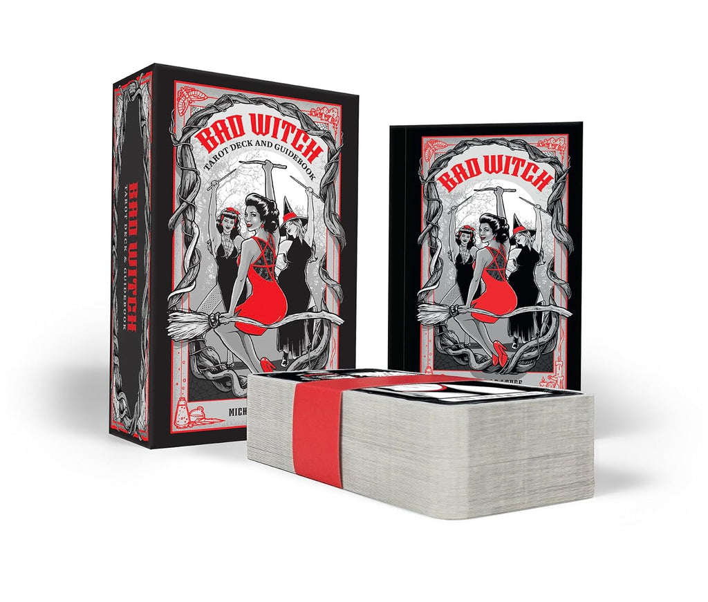 A boxed deck of cards and a stack of cards on a clean white background. The packaging features a vintage-style illustration with the title 'BAD WITCH' in red at the top, black and white sketch art of figures on broomsticks, and a bold red band around the box and stack.