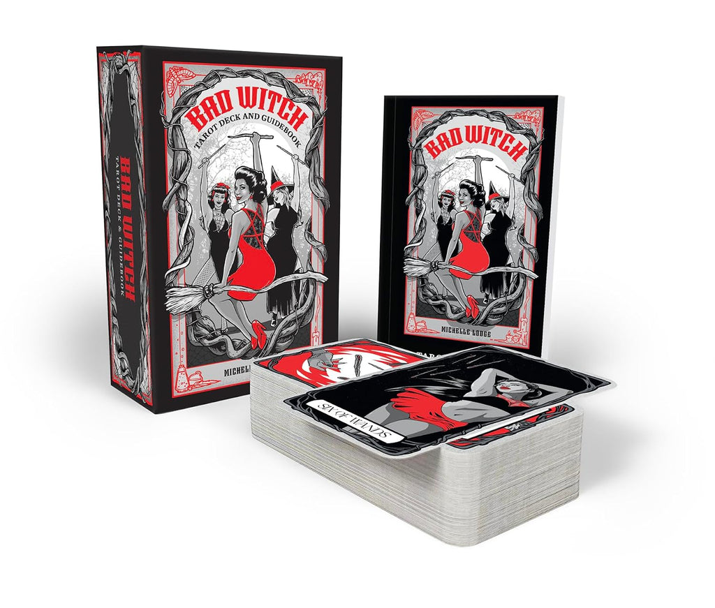 A boxed deck of 'Bad Witch' art deck and card game components displayed on a clean white background, including the illustrated outer box, a smaller upright card-back view, and a fanned stack of cards showing illustrated cards.