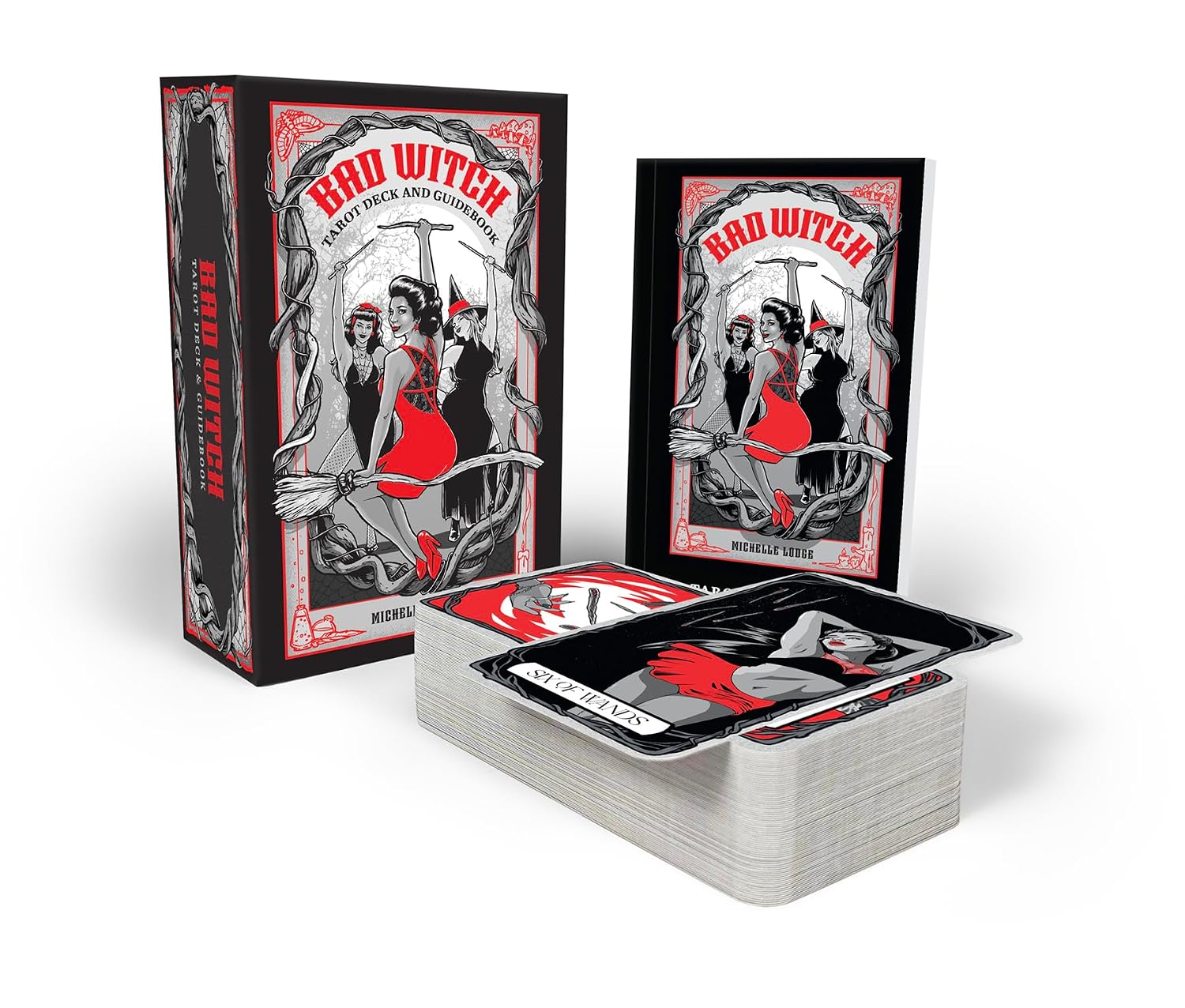 A boxed deck of 'Bad Witch' art deck and card game components displayed on a clean white background, including the illustrated outer box, a smaller upright card-back view, and a fanned stack of cards showing illustrated cards.