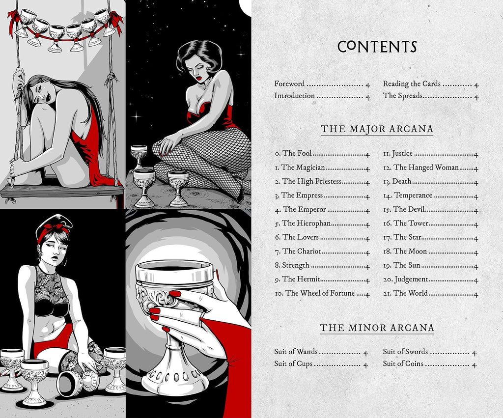 A printed contents page for an arcana card deck or tarot-style guide, with black-and-white illustrated panels on the left and a light gray text column on the right listing sections such as foreword, introduction, reading the cards, the spread, the major arcana, and the minor arcana.
