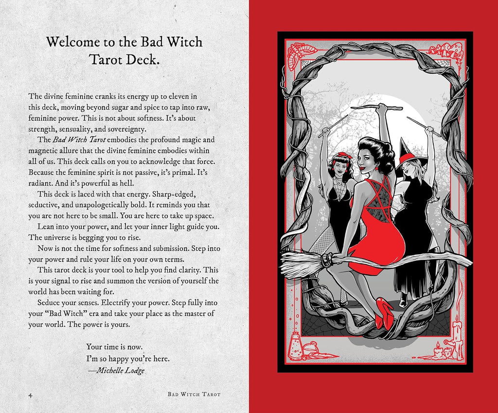 A tarot deck booklet spread showing the 'Welcome to the Bad Witch Tarot Deck' introduction on the left page and the 'I'm So Happy I'm Here' card design on the right page, with a red border and black-and-white illustration.