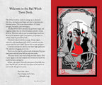 A tarot deck booklet spread showing the 'Welcome to the Bad Witch Tarot Deck' introduction on the left page and the 'I'm So Happy I'm Here' card design on the right page, with a red border and black-and-white illustration.
