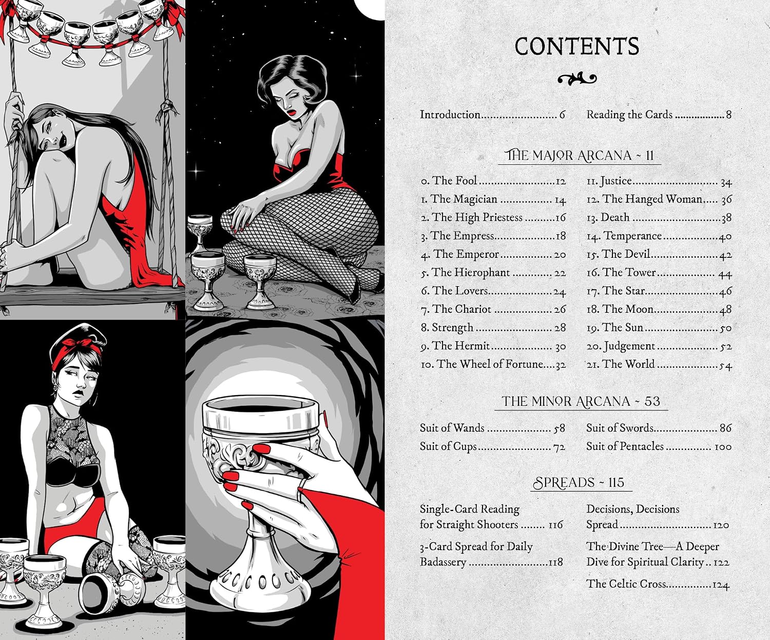 Bordello-themed tarot book with illustrations of women and a table of contents.