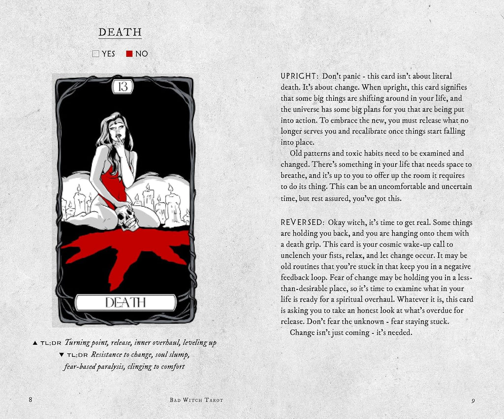 A printed card or booklet page with the word DEATH at the top, a black-and-white line drawing of a woman in a black hat and coat, small yes/no callouts, and explanatory text about death and change. The page has a light gray background and visible page numbers 8 and 9.