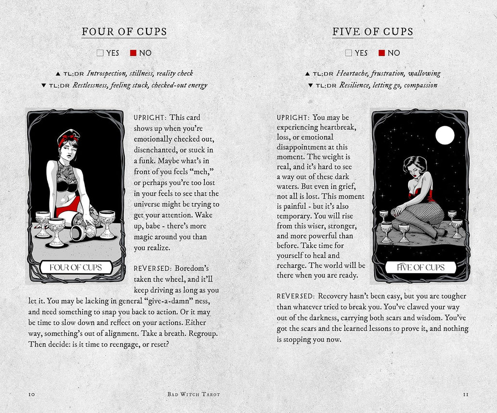 A printed card deck or guide page titled 'FOUR OF CUPS' and 'VIVE OF CUPS' with checkboxes, brief descriptions, and two illustrated tarot-style cards on a white background.