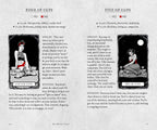 A printed card deck or guide page titled 'FOUR OF CUPS' and 'VIVE OF CUPS' with checkboxes, brief descriptions, and two illustrated tarot-style cards on a white background.